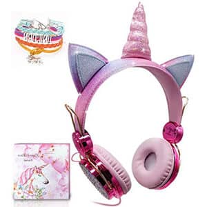 auriculares de unicornio con orejas color rosa purpurina